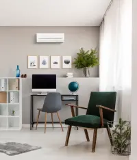 Modern mini study space showcasing lifestyle comfort with heat pump climate control